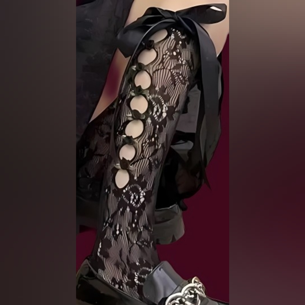Lolita Coquette Black Lace Knee-High Socks W/ Satin Ribbon Bows & Rose Appliques